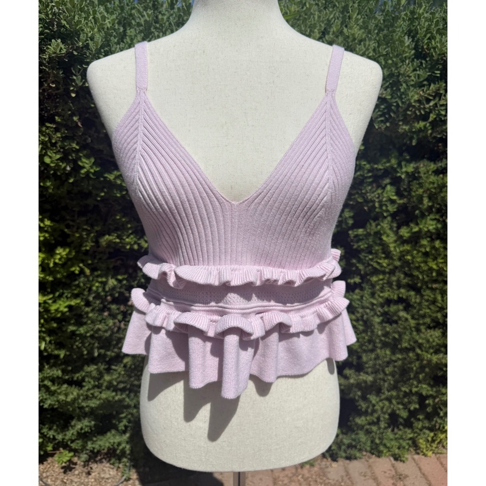 BCBGeneration Lilac Pink Ribbed Knit Ruffle Cami Top Large NWOT